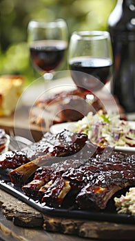 Delicious BBQ ribs served with coleslaw, cornbread, and sauces on a rustic table setting.