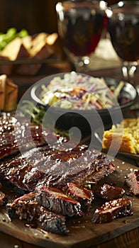 Delicious BBQ ribs served with coleslaw, cornbread, and sauces on a rustic table setting.