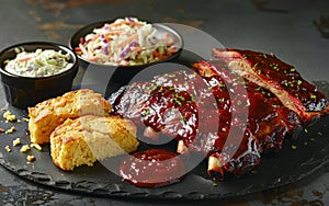 Delicious BBQ ribs served with coleslaw, cornbread, and sauces on a rustic table setting.