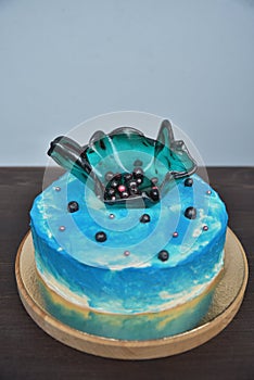 Delicious beautiful blue cake with berry filling