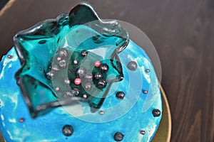 Delicious beautiful blue cake with berry filling