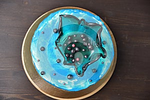 Delicious beautiful blue cake with berry filling