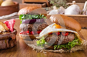 Delicious beef burger with egg