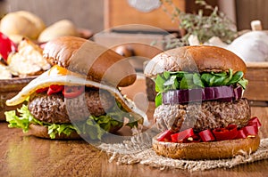 Delicious beef burger with egg