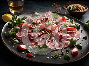 Delicious beef carpaccio, elegant dish, perfect for a special occasion or light meal. Cinematic ads