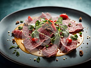 Delicious beef carpaccio, elegant dish, perfect for a special occasion or light meal. Cinematic ads