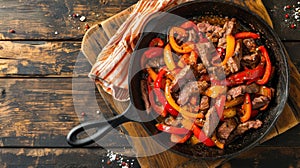 delicious beef fajita platter with copy space on wooden brown background, top view, banner