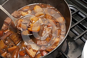 Delicious beef stew cooking in a pot photo