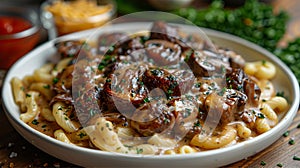 Delicious beef stroganoff with mushrooms on plate