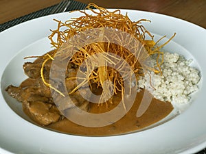 Delicious beef stroganoff and rice.