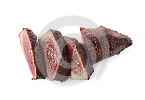 Delicious beef tenderloin sliced isolated on white