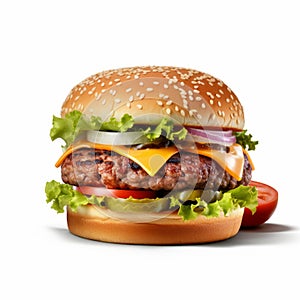 Delicious Beefy Burger With Tomato And Lettuce On A White Background