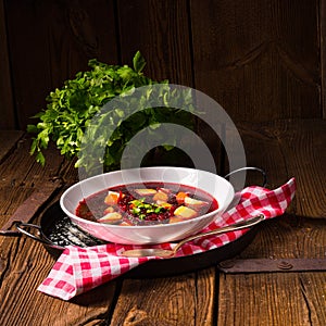 A Delicious beetroot borscht with egg
