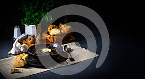 A Delicious beetroot borscht with egg