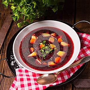 A Delicious beetroot borscht with egg