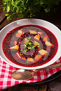 A Delicious beetroot borscht with egg