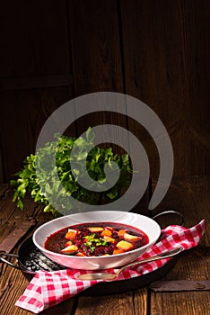 A Delicious beetroot borscht with egg