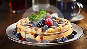Delicious belgian waffles with raspberry and blueberry toppings for breakfast, with free copy space