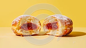 Delicious Berliner halved doughnuts dusted with powdered sugar with raspberry filling on yellow background. Sweet deep-fried yeast