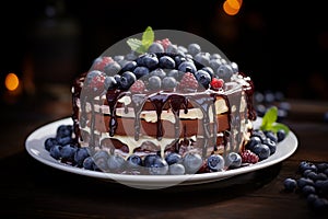 Delicious berry chocolate cake on elegant plate