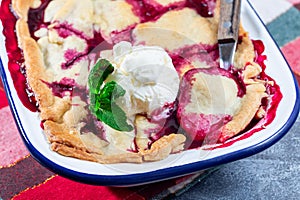 Delicious berry cobbler in enamel baking dish, garnished with ice cream, horizontal, closeup