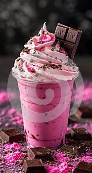 Delicious Berry Milkshake Topped with Whipped Cream and Chocolate