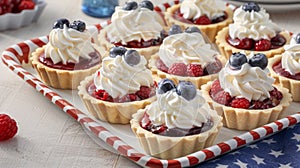 Delicious Berry Tartlets with Whipped Cream on Patriotic Tableware