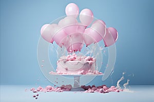 Delicious birthday cake with pink balloons, confetti, and blue background for festive celebration