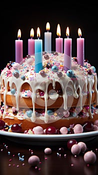 Delicious birthday cake, vibrant candles its tastiness shines on a white surface