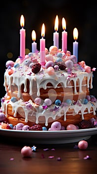 Delicious birthday cake, vibrant candles its tastiness shines on a white surface