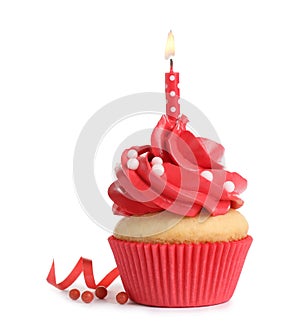 Delicious birthday cupcake with candle isolated