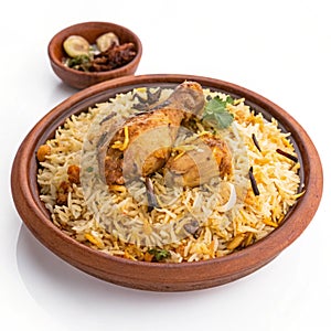 Delicious biryani with chicken on clay plate isolated on white background