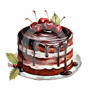 Delicious Black Forest Cake With Chocolate Glaze Watercolor Illustration