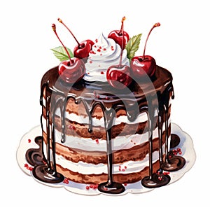 Delicious Black Forest Cake With Chocolate Glaze Watercolor Illustration