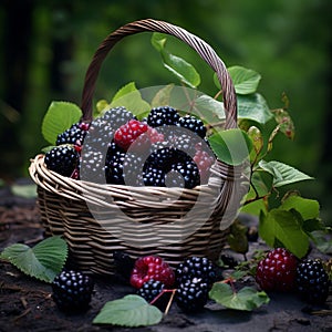 Delicious Blackberry Basket In The Woods With Fresh Apple photo