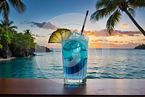 A delicious Blue Hawaii cocktail drink with a lemon slice and straw on a wooden table overlooking a tropical island at sunset.