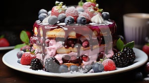 Delicious blueberries cake with chocolate topping and rich decoration
