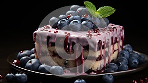 Delicious blueberries cake with topping and nice serving