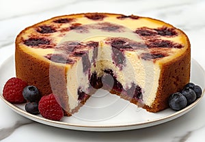 A delicious blueberry cheesecake with a slice missing