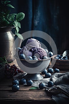 Delicious blueberry ice cream in an elegant clay bowl. Blueberries background.