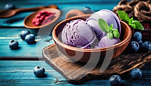Delicious Blueberry Ice Cream on a Rustic Wooden Table - Generative AI