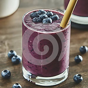 Delicious blueberry smoothie with bamboo straw.