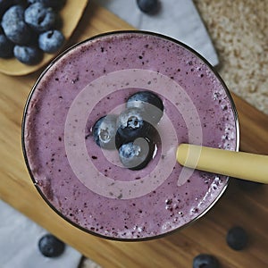 Delicious blueberry smoothie with bamboo straw.