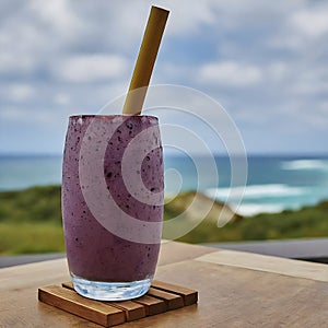 Delicious blueberry smoothie with bamboo straw.