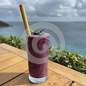 Delicious blueberry smoothie with bamboo straw.