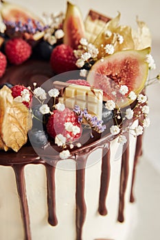 Delicious Boho Drip Cake with fruits and flowers on top on a white table