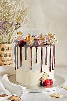 Delicious Boho Drip Cake with fruits and flowers on top on a white table