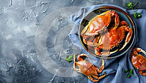 Delicious boiled crabs with sauce in bowl on blue tablecloth, top view. Space for text