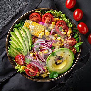 Delicious bowl with avocado and fresh vegetables on dark background. Top view. Generative AI