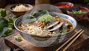 Delicious bowl of ramen japanese noodles soup food with decoration